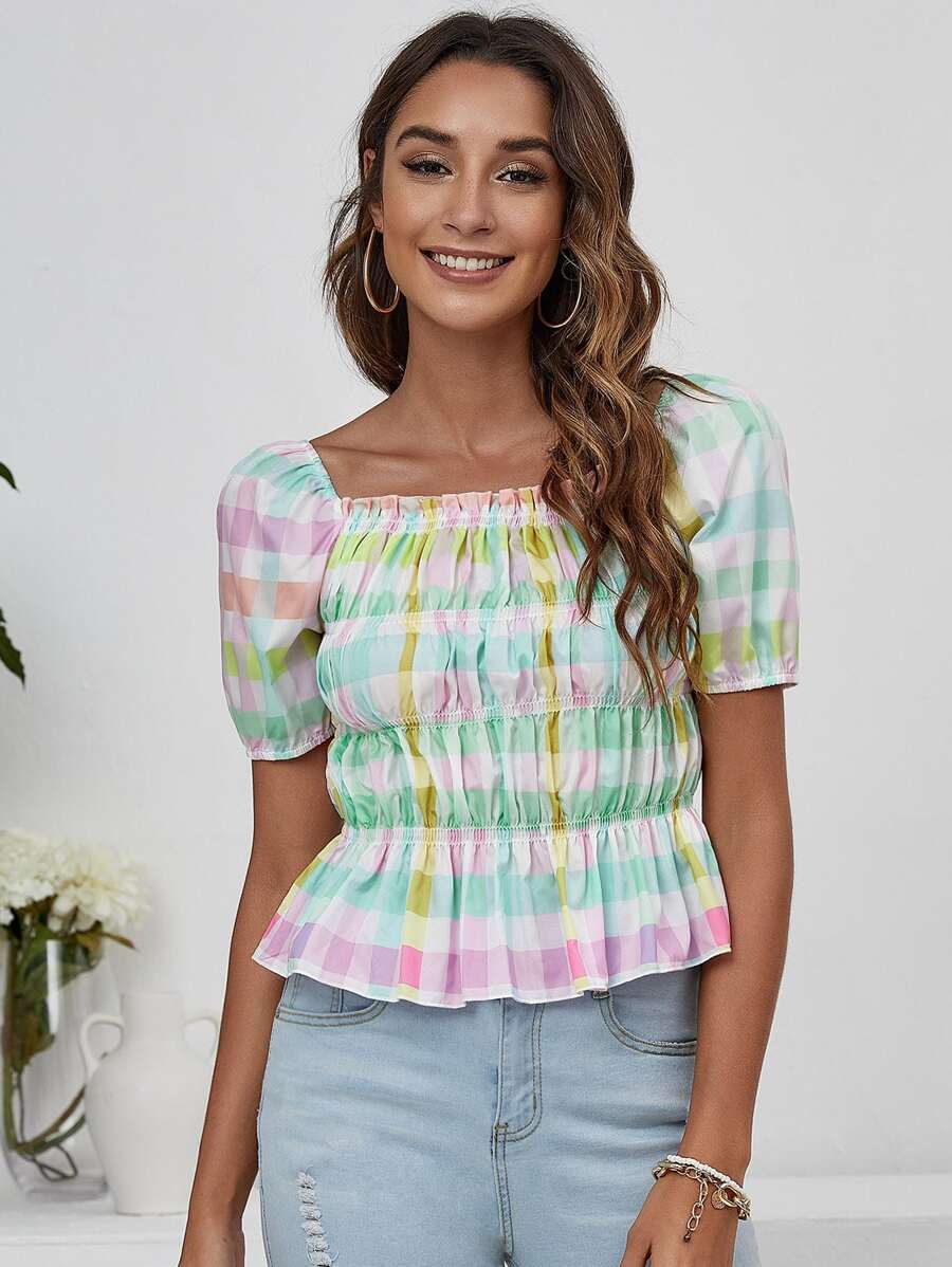SHEIN Unity Top peplum con fruncido de guingán - Multicolor - Ver 1