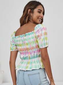 SHEIN Unity Top peplum con fruncido de guingán - Multicolor - Ver 2