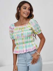SHEIN Unity Top peplum con fruncido de guingán - Multicolor - Ver 4