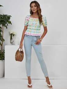 SHEIN Unity Top peplum con fruncido de guingán - Multicolor - Ver 5