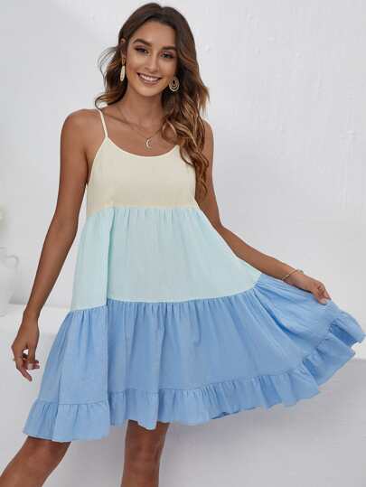 Color Block Flounce Hem Cami Dress