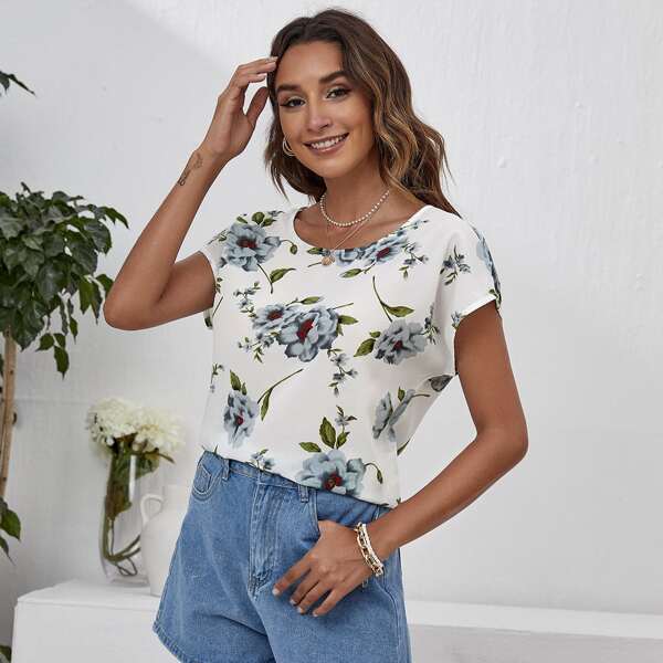 

Scoop Neck Floral Print Top, Multicolor