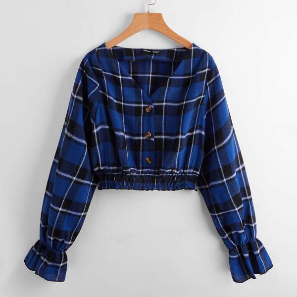 

Button Front Bell Sleeve Shirred Tight Hem Plaid Top, Multicolor