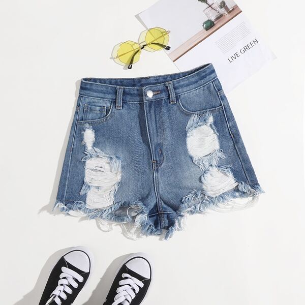 

Ripped Raw Hem Denim Shorts, Medium wash