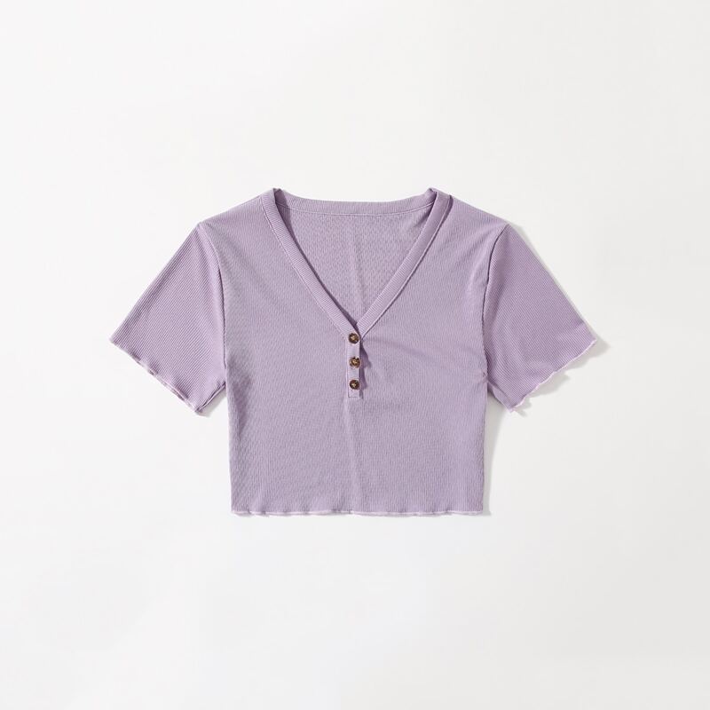 

Solid Button Ribbed Tee, Lilac purple