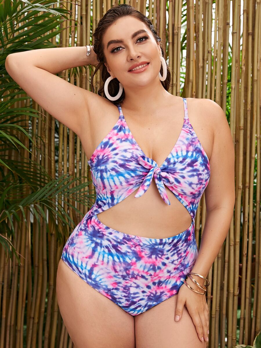 Plus Tie Dye Cut-out Knot Front One Piece Swimsuit - Multicolor - View 1