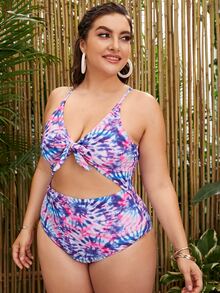 Plus Tie Dye Cut-out Knot Front One Piece Swimsuit - Multicolor - View 3