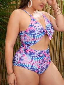 Plus Tie Dye Cut-out Knot Front One Piece Swimsuit - Multicolor - View 4