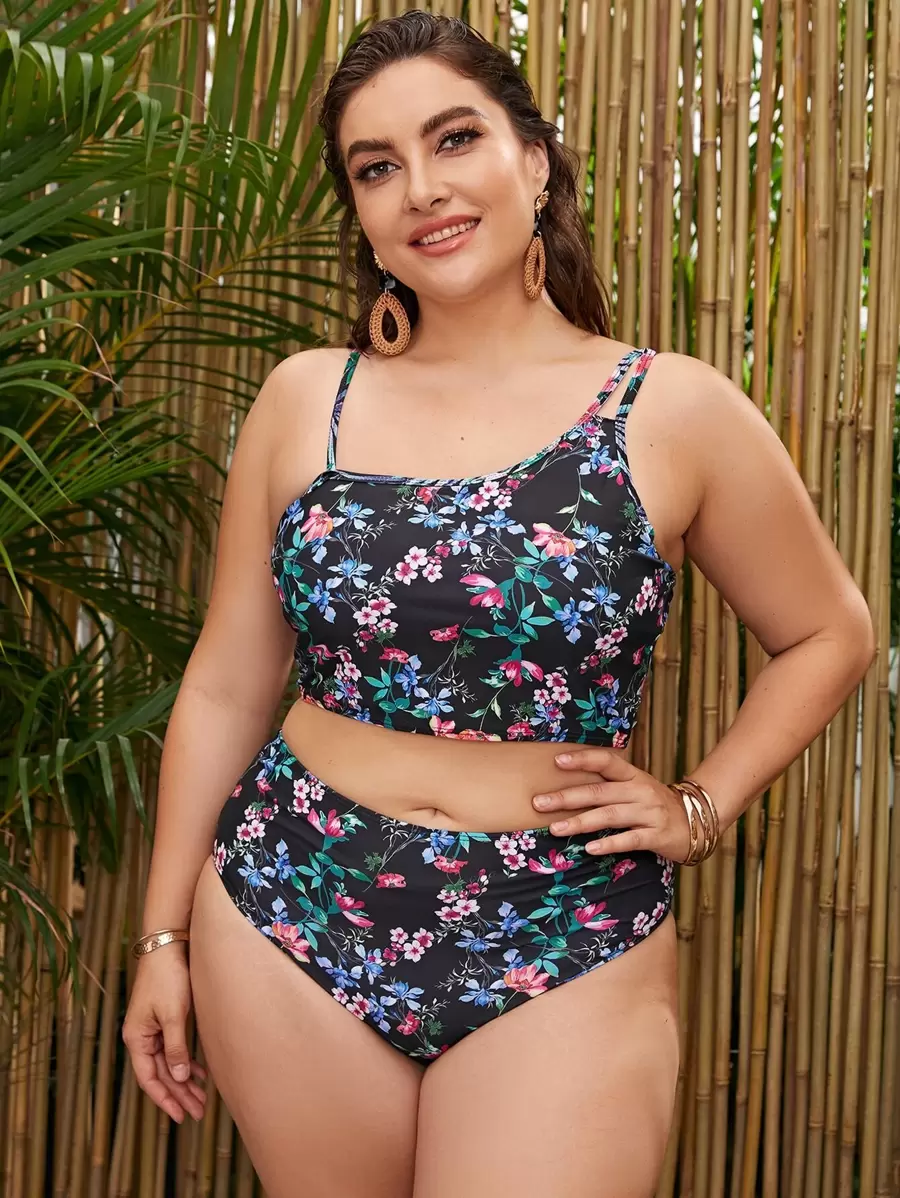 Plus Size Floral Print High Waisted Bikini Set Summer Beach - Multicolor - View 1