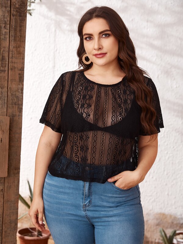 Plus Sheer Lace Top \u0026 Without Bra 