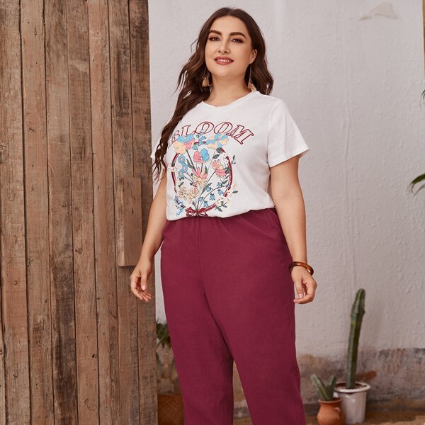 

Plus Letter & Floral Print Tee & Pants Set, Multicolor
