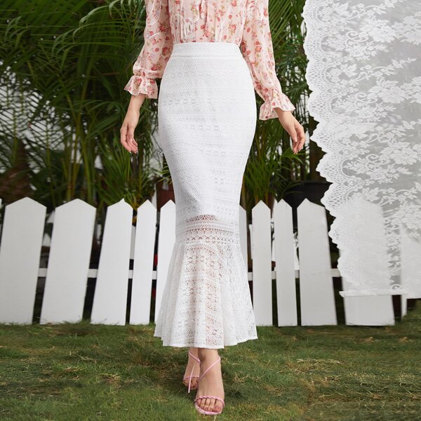 

Lace Overlay Mermaid Skirt, White