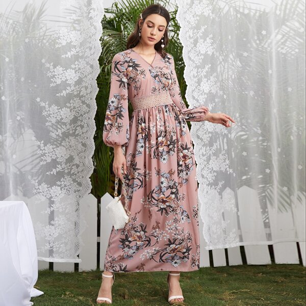 

Floral Print Contrast Lace Dress, Dusty pink
