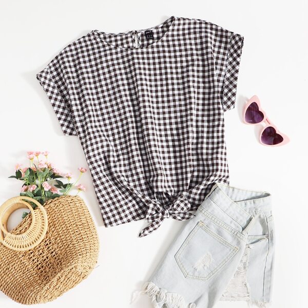 

Batwing Sleeve Knot Hem Gingham Top, Multicolor