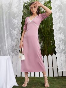 Modelyn 開衩泡泡袖拼接蕾絲洋裝 - 藕粉色 - 查看 1