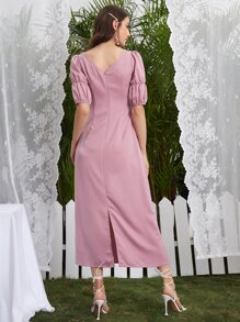 Modelyn 開衩泡泡袖拼接蕾絲洋裝 - 藕粉色 - 查看 2