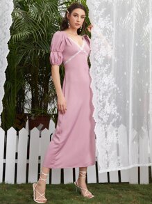 Modelyn 開衩泡泡袖拼接蕾絲洋裝 - 藕粉色 - 查看 5