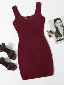 SHEIN EZwear Rib-knit Solid Bodycon Dress - Burgundy - View 1