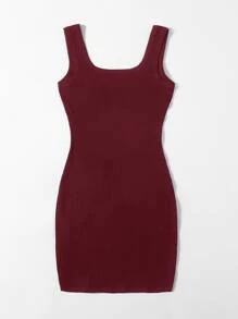 SHEIN EZwear Rib-knit Solid Bodycon Dress - Burgundy - View 2