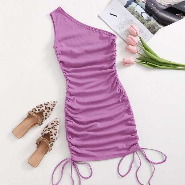 

One Shoulder Ruched Knot Side Bodycon Dress, Lilac purple