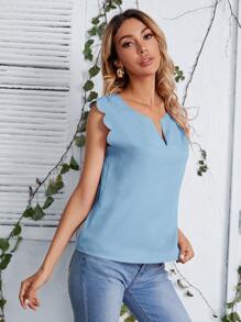 SHEIN Clasi Notched Neck Scallop Trim Top - Baby Blue - View 5