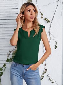 SHEIN Clasi Notched Neck Scallop Trim Top - Dark Green - View 1