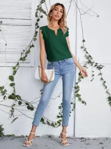 SHEIN Clasi Notched Neck Scallop Trim Top - Dark Green - View 5