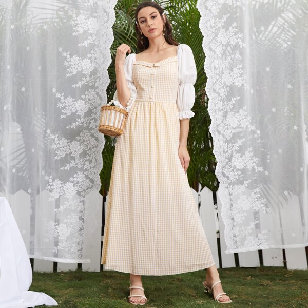 

Gingham Print Puff Sleeve Square Neck Dress, Yellow