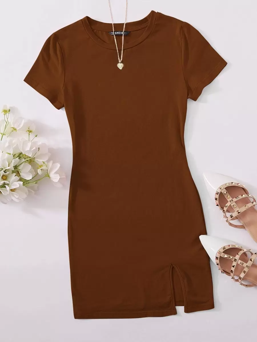 SHEIN EZwear 開衩下擺素色連衣裙 - 咖啡棕 - 查看 1