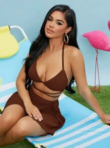 SHEIN SXY Self Tie Backless Halter Top & Wrap Skirt Set - Coffee Brown - View 1