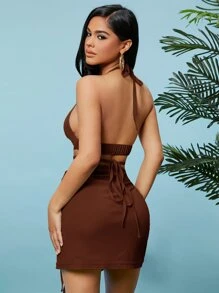 SHEIN SXY Self Tie Backless Halter Top & Wrap Skirt Set - Coffee Brown - View 2