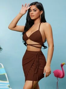 SHEIN SXY Self Tie Backless Halter Top & Wrap Skirt Set - Coffee Brown - View 3