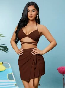 SHEIN SXY Self Tie Backless Halter Top & Wrap Skirt Set - Coffee Brown - View 4