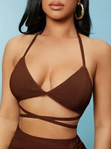 SHEIN SXY Self Tie Backless Halter Top & Wrap Skirt Set - Coffee Brown - View 5