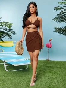 SHEIN SXY Self Tie Backless Halter Top & Wrap Skirt Set - Coffee Brown - View 6