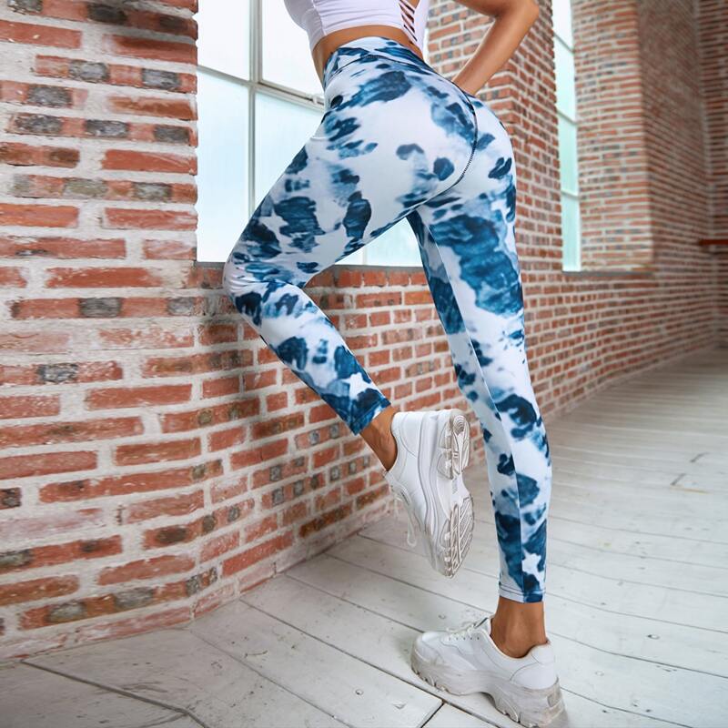 

Tie Dye Print Sports Leggings, Blue and white