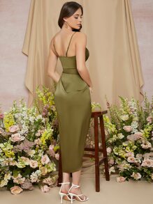 SHEIN Belle Ruched Asymmetrical Hem Solid Dress - Olive Green - View 2