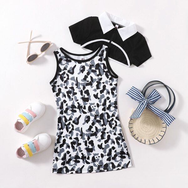 

Toddler Girls Contrast Collar Crop Top With Allover Print Tank Dress, Multicolor