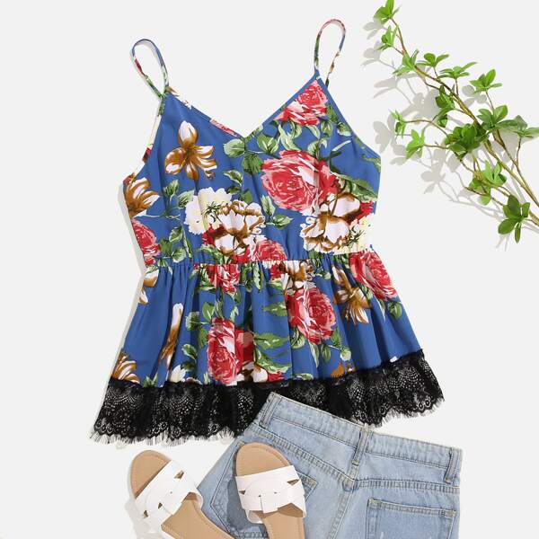 

Plus Floral Print Lace Hem Peplum Cami Top, Multicolor