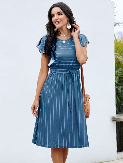 Striped Butterfly Sleeve Midi Dress