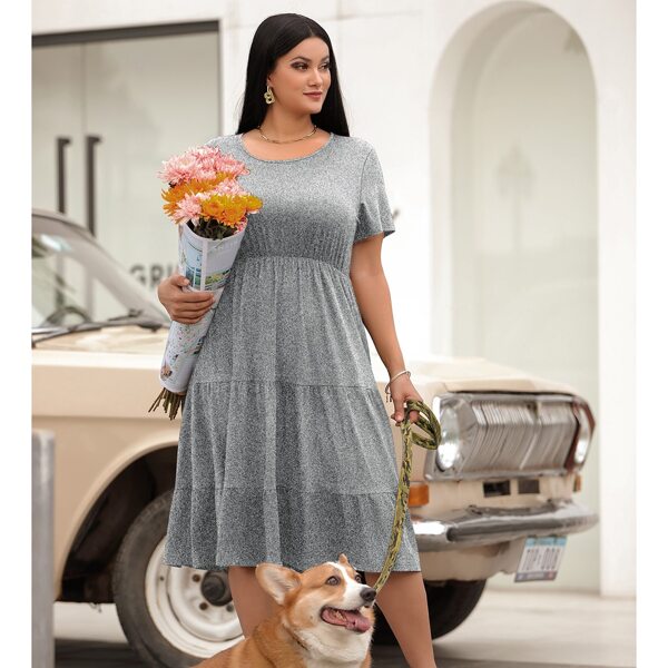 

Plus Solid Ruffle Hem A-line Dress, Grey