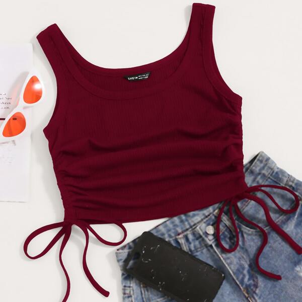 

Drawstring Side Solid Tank Top, Burgundy