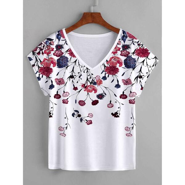 

Flower Print V-Neck Tee, White