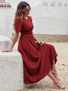SHEIN Unity Solid Elastic Waist A-line Dress - Burgundy - View 1