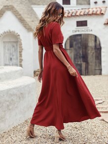 SHEIN Unity Solid Elastic Waist A-line Dress - Burgundy - View 2