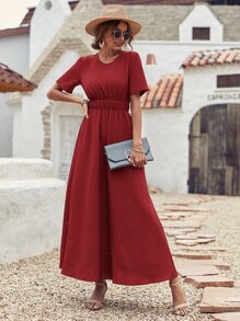 SHEIN Unity Solid Elastic Waist A-line Dress - Burgundy - View 3