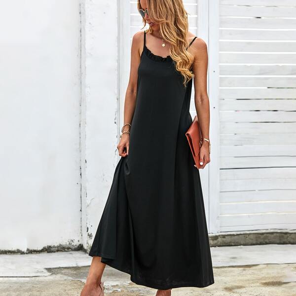 

Ruffle Trim Maxi Cami Dress, Black