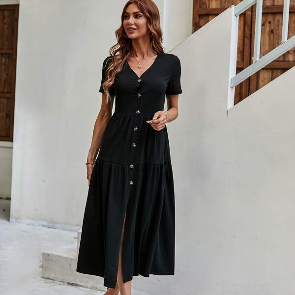 

Button Through V-neck Solid Dress, Black