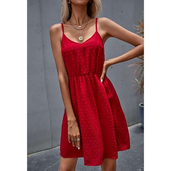 

Swiss Dot Adjustable Straps Cami Dress, Red