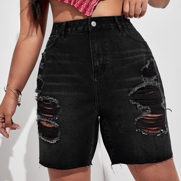 

Plus Ripped Solid Denim Shorts, Black